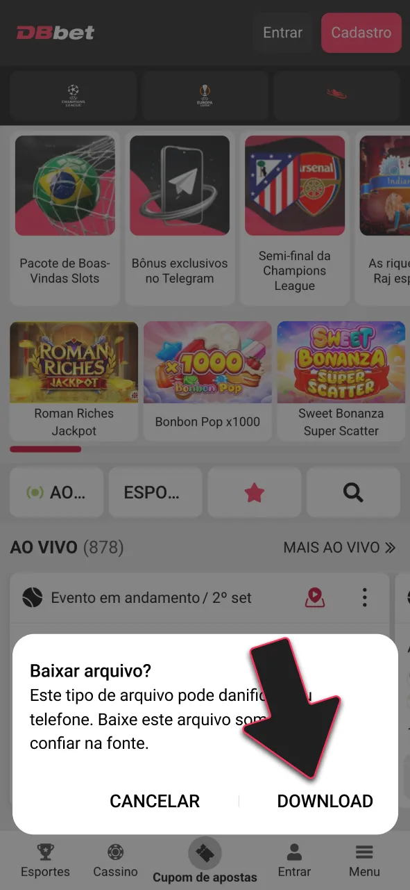Confirme o download do APK oficial da DBBet.
