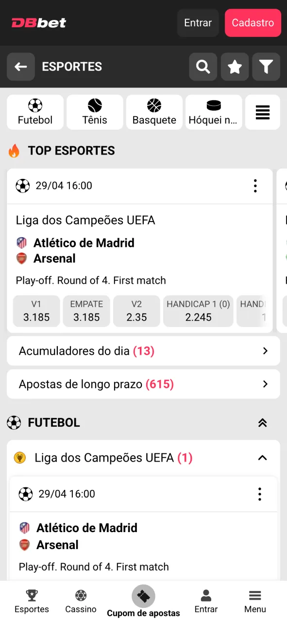 Aposte em esportes pelo aplicativo DBBet.