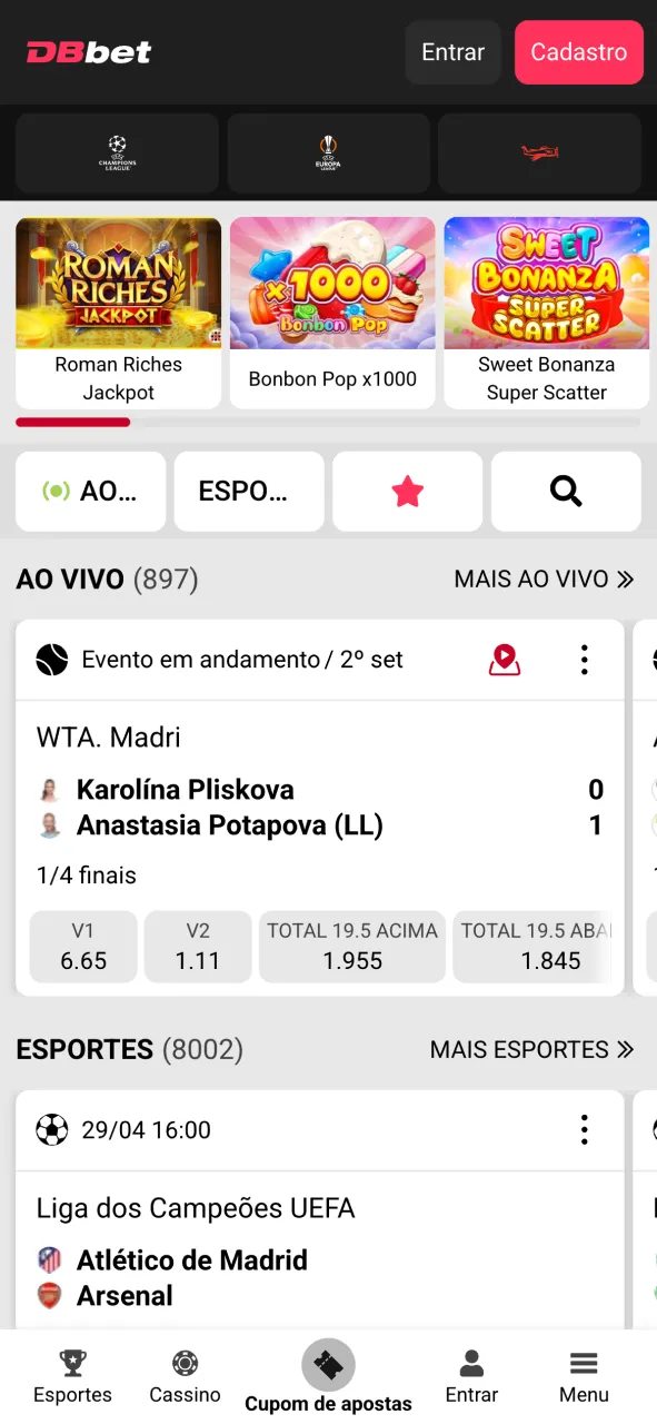 Abra a tela inicial do aplicativo DBBet.