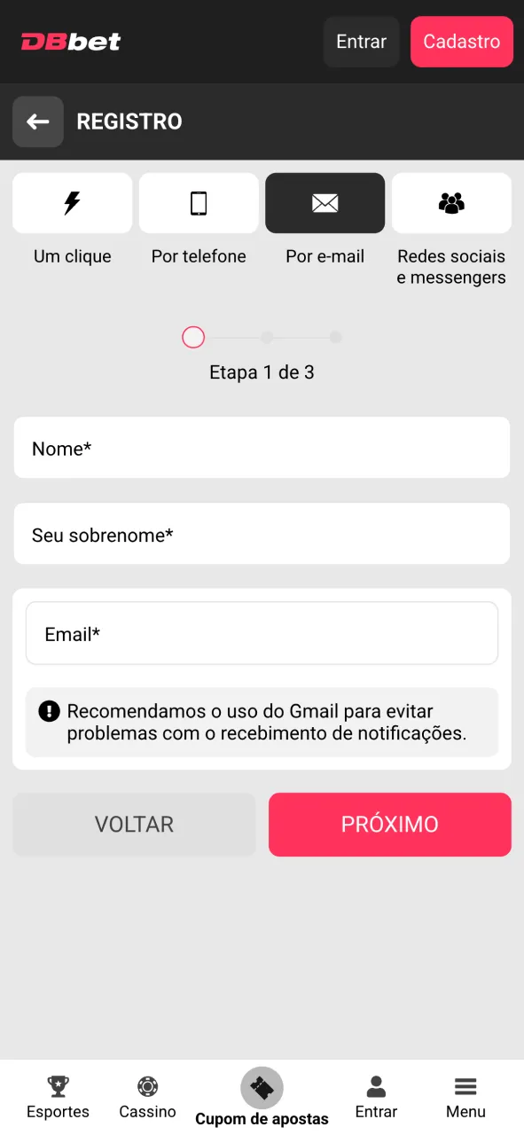 Crie sua conta pelo aplicativo DBBet agora.