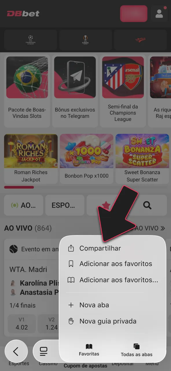Toque no ícone de compartilhar para instalar o DBBet.