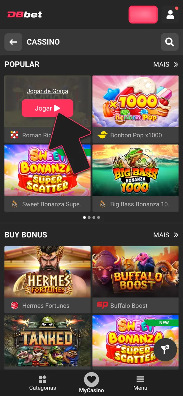 Escolha seu jogo favorito no catálogo da DBBet.