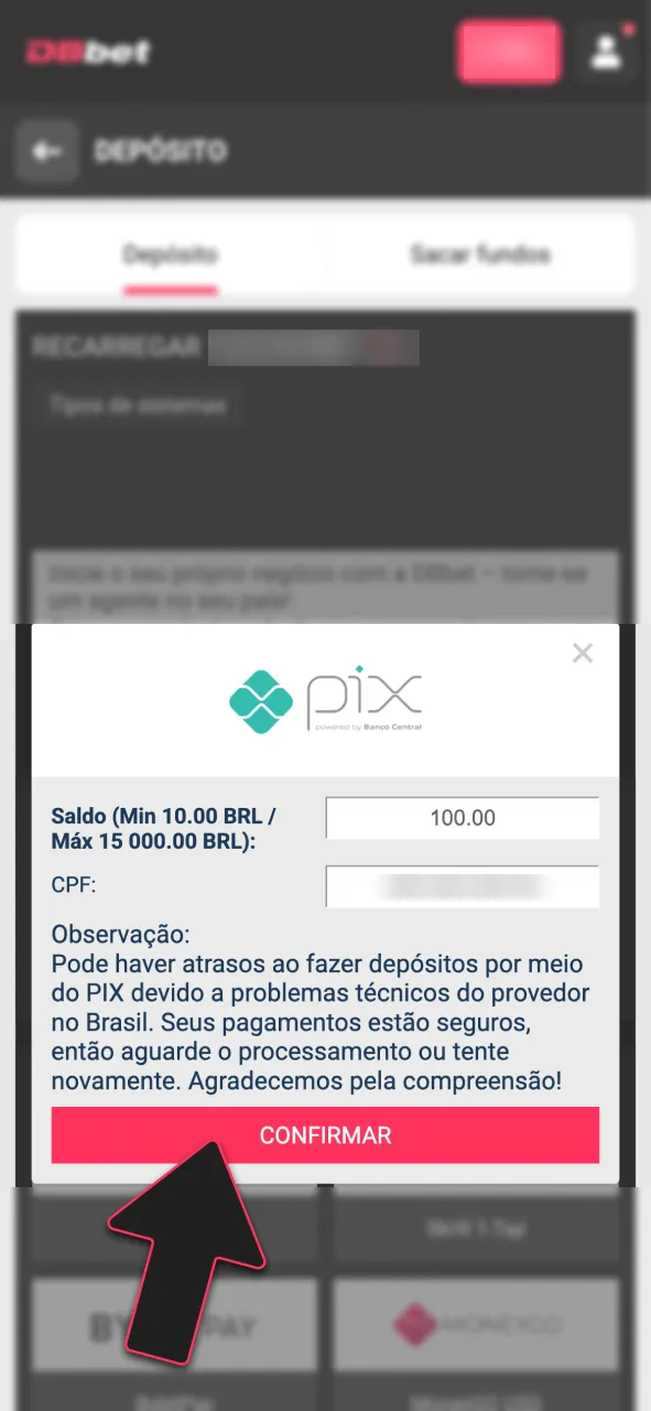 Faça seu primeiro depósito via Pix na DBBet.