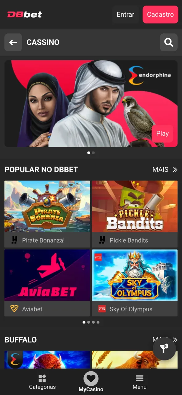 Clique na aba de cassino no site da DBBet.