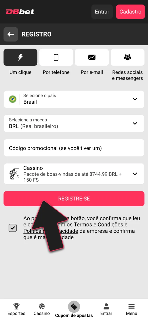 Cadastre-se ou faça login na plataforma DBBet.