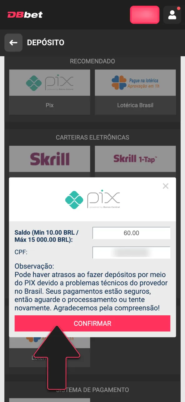Siga as instruções para finalizar o pagamento na DBBet.