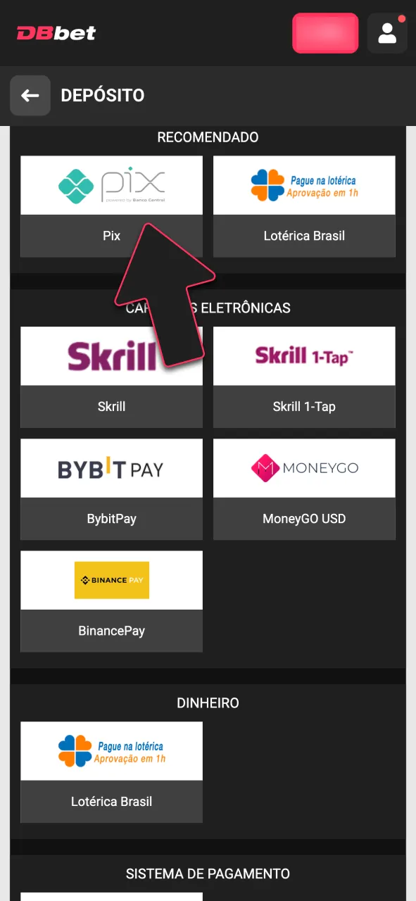 Selecione Pix ou criptomoedas para depositar na DBBet.