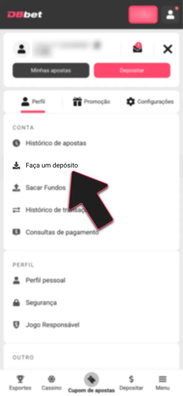 Localize o botão de depósito no menu da DBBet.