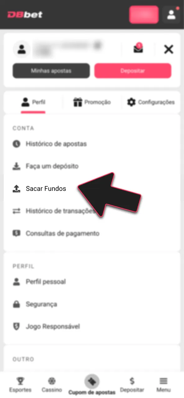 Localize a opção de saque no menu da DBBet.